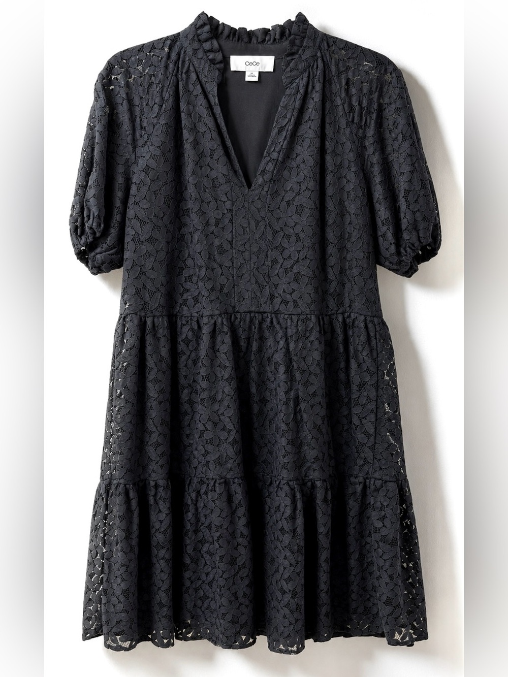 CeCe Black Lace Babydoll Mini Dress Puff Sleeve Tiered V-Neck NWT Size XS